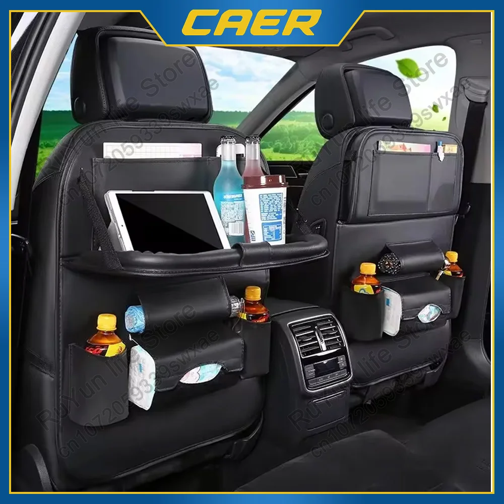 Car Seat Back Organizer PU Leather Auto Storage Bag with Foldable Table Tray Tablet Holder Tissue Box Pockets Cars Accessories