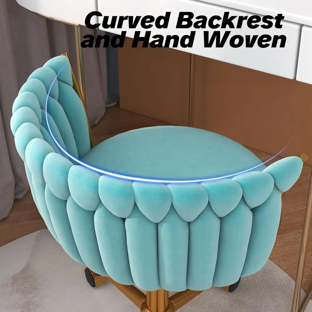 Cyan Velvet Swivel Office Chair with Adjustable Height, Gold Base for Home Study or Computer Room