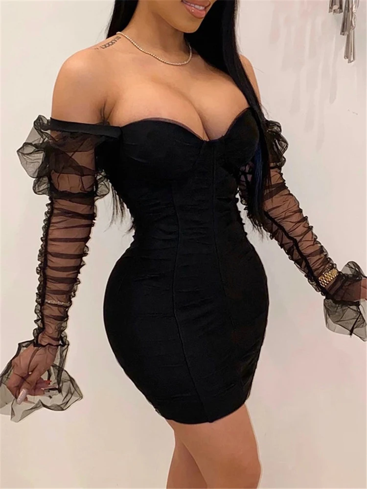 Articat Sexy Mesh Puff Sleeve Party Dress Women Low Collar Backless Patchwork Red Mini Dress Nightclub 2020 Spring Vestidos image 4