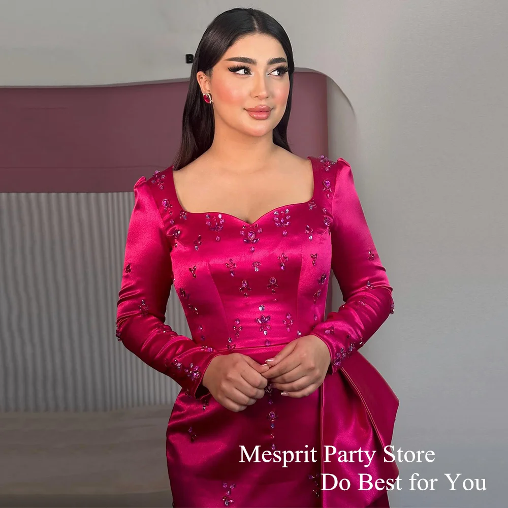 Saudi Evening Dress Fuchsia Mermaid Party Gown Sweetheart Long Sleeve Crystal Stones Ankle Length Formal Dresses for Weddings