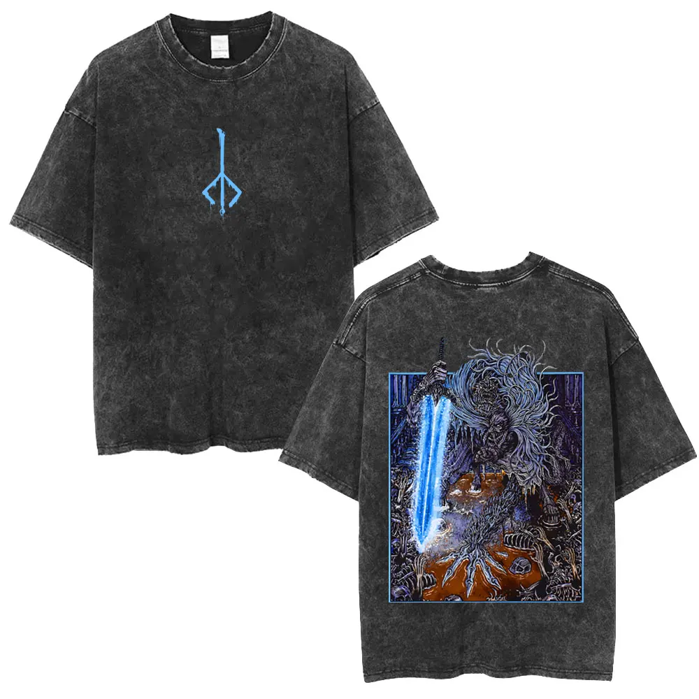 Washed Vintage Game Bloodborne T-shirt Men Women Clothing Retro Gothic Rock T Shirts Men's Punk Oversized T-shirts Streetwear