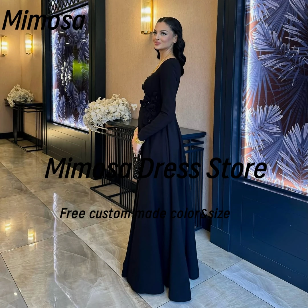 Mimosa-vestidos de fiesta de noche negros, bata de manga larga con cuello cuadrado, flores con cuentas, vestido de fiesta de boda personalizado