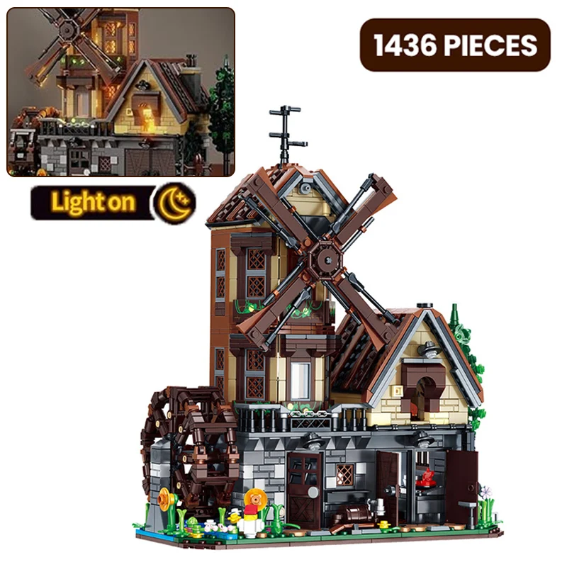 

1580P Farm House Building Blocks with LED Medieval Village Windmill Cottage Architectural Model Toys Kids Gift Home Decortion