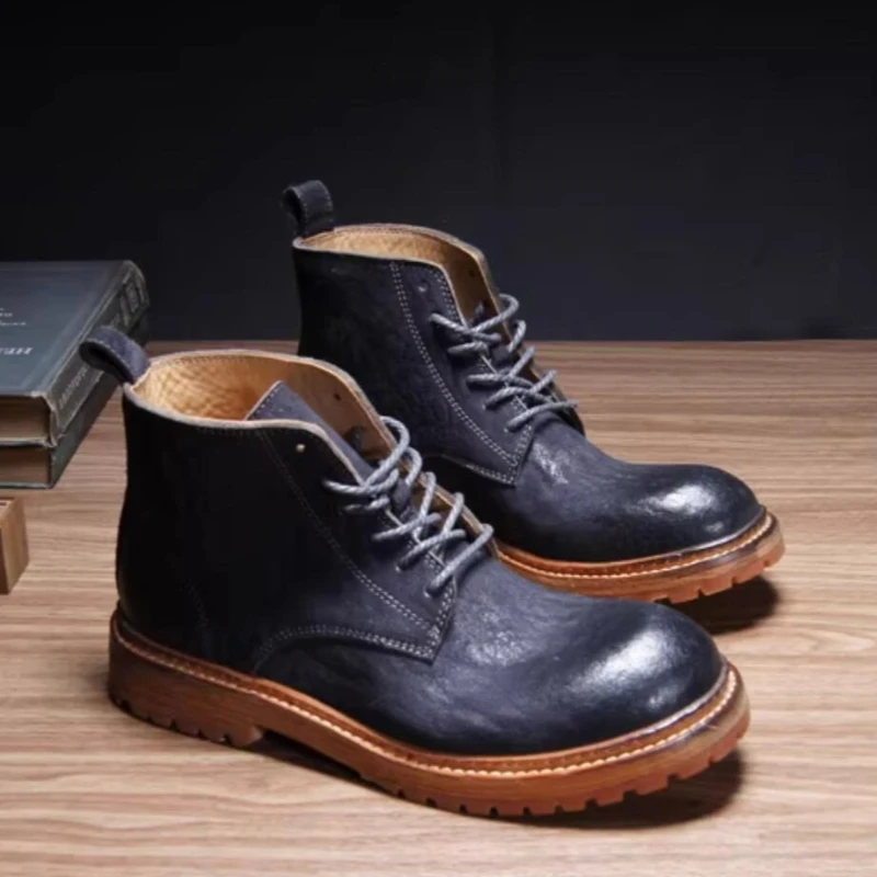 

Handmade Water-washed Horsehide Ankle Boots Luxury Men Work Shoes British Style Outdoor Hiking Motorcycle Boots