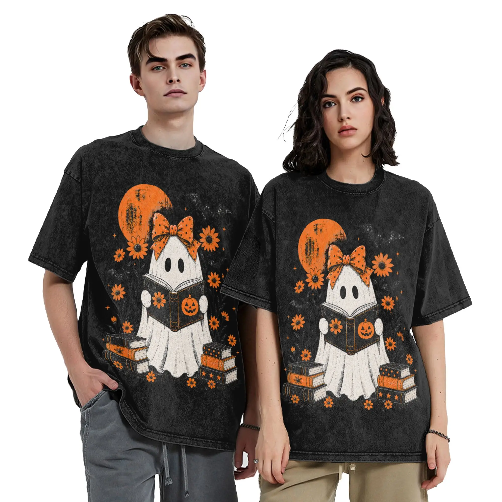 Washed T Shirts Halloween Ghost Reading Book T-Shirt Oversize Pumpkin Streetwear 100% Cotton Graphic Tops Tees for Men Women