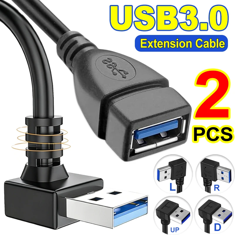 Cable adaptador USB 3.0 A macho a hembra, cable de extensión USB 3.0 con ángulo a la derecha/izquierda/arriba/abajo, 1/2 unidades