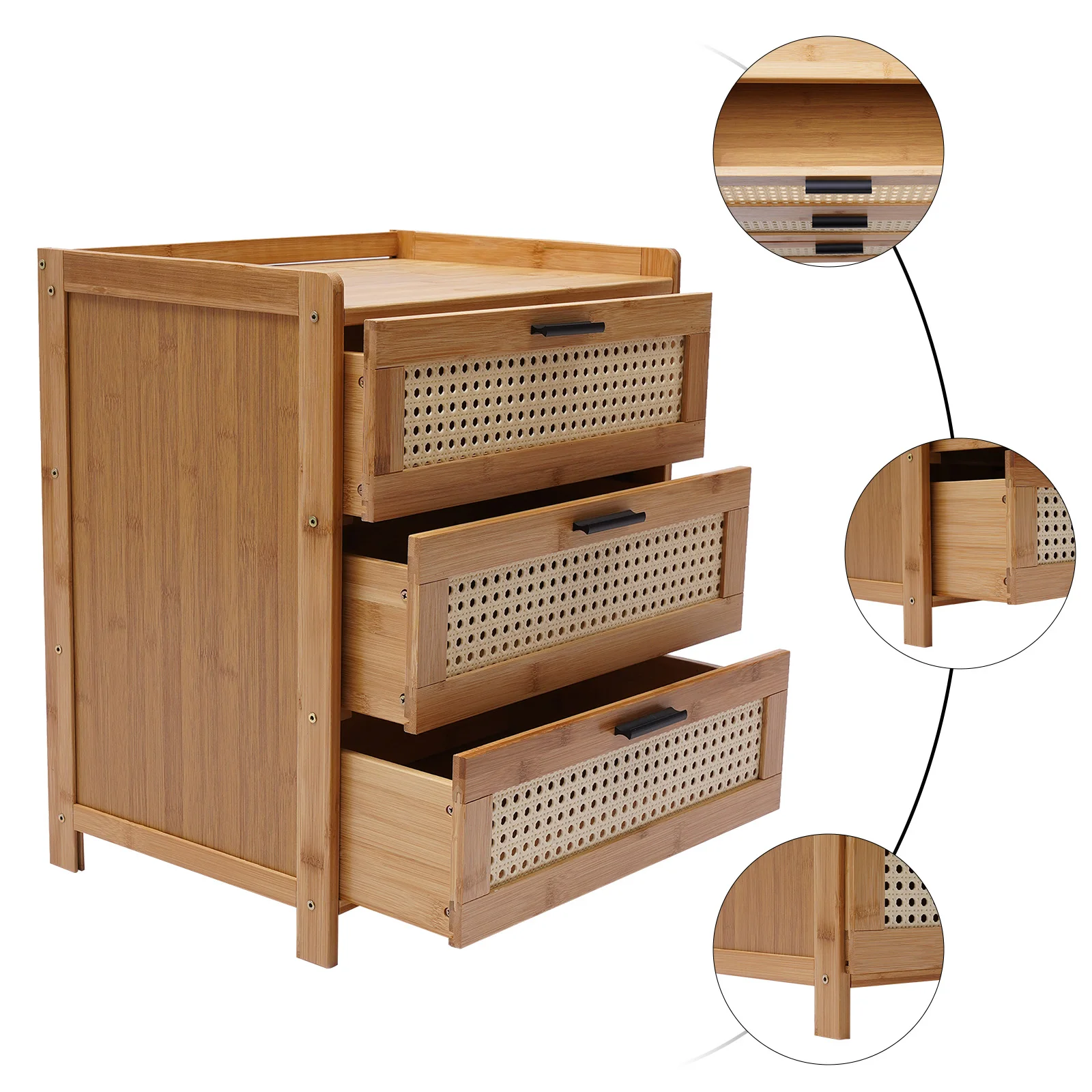 3- Drawer Bamboo Wood Bedside Table Nightstand Storage Cabinet Bedroom Bedside End Table Furniture image 5