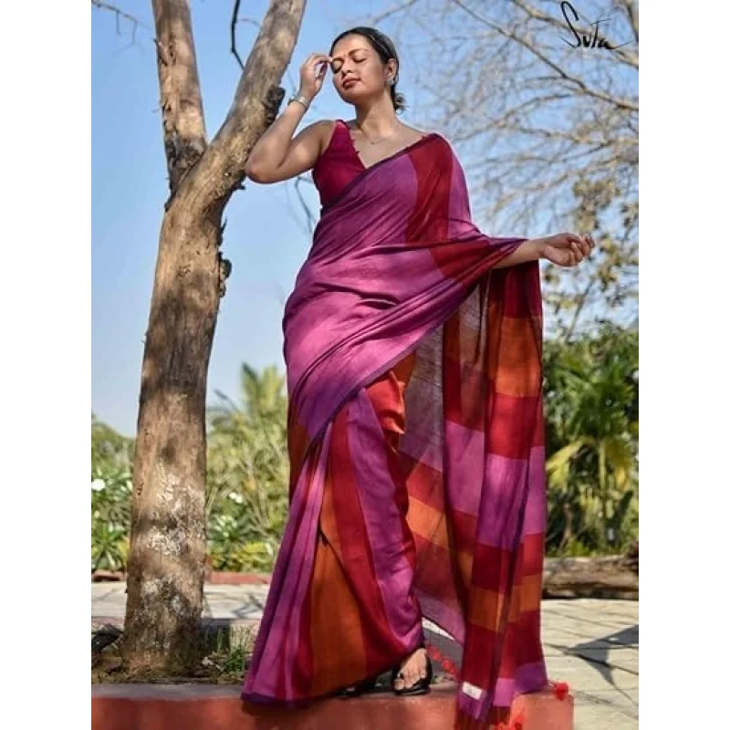 Women's Designer Striped Indian Handloom Ethnic Cotton Saree With Tassels Unstitched Blouse Piece - view 2