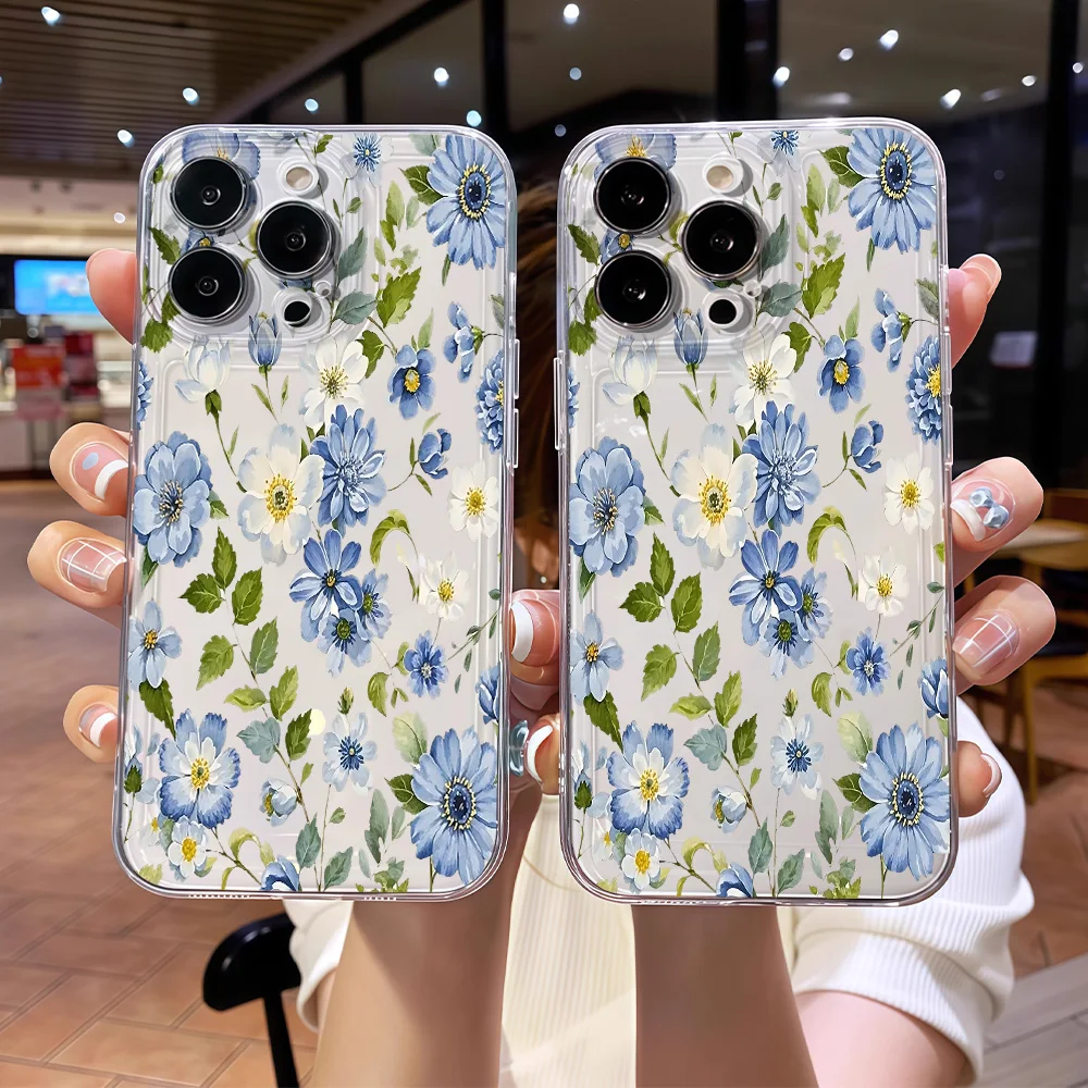 

Fresh Blue Flowers Silicone Phone Case for IPhone 17 16 15 14 13 12 11 Pro Xs Max Air Mini 7 8 6 6s Plus SE 2020 2022 Cover