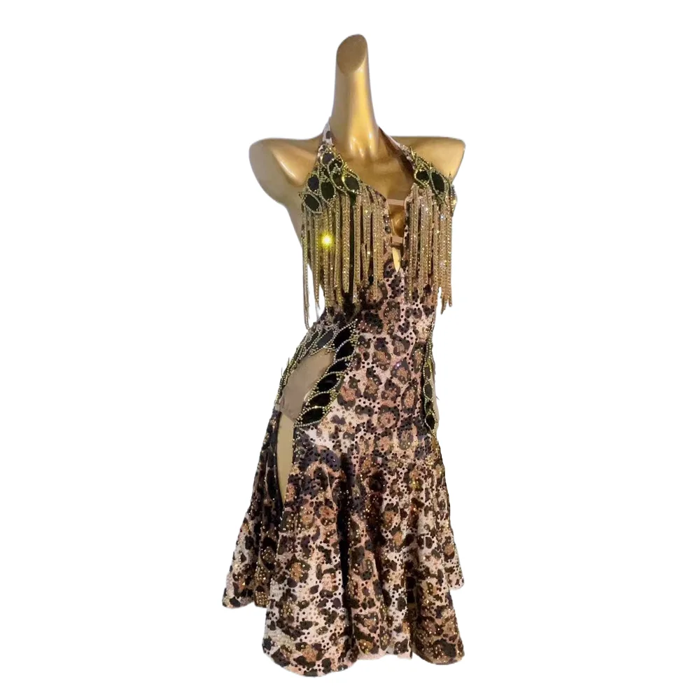 

Latin Dance Competition Stage Show Women's High-end Custom Flash Diamond Leopard Rumba Tango Blackpool Dress