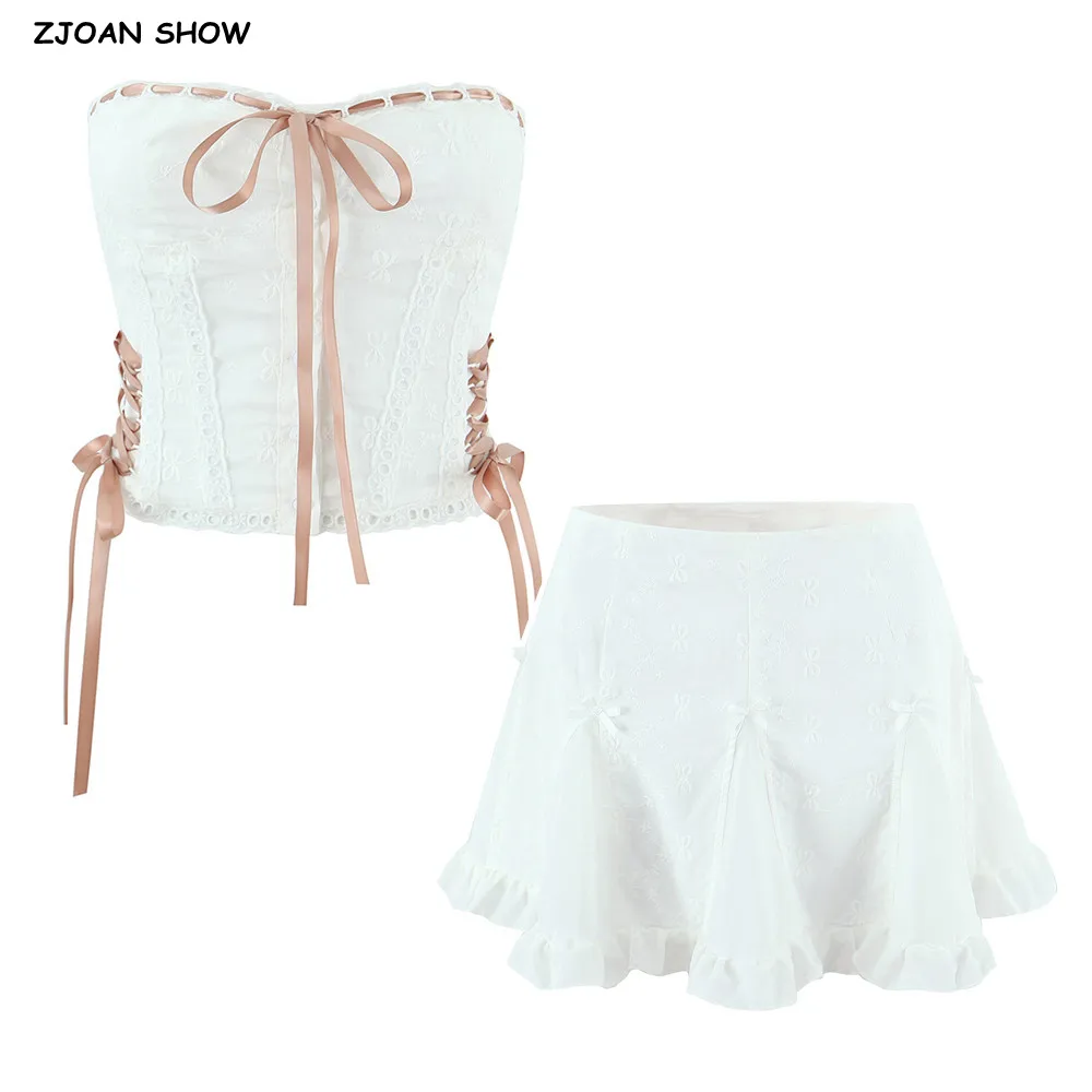 

Сексуальный белый топ без бретелек с перекрестной шнуровкой и открытыми пуговицами + мини-юбка А-силуэта с высокой талией на молнии, комплект из 2 предметов