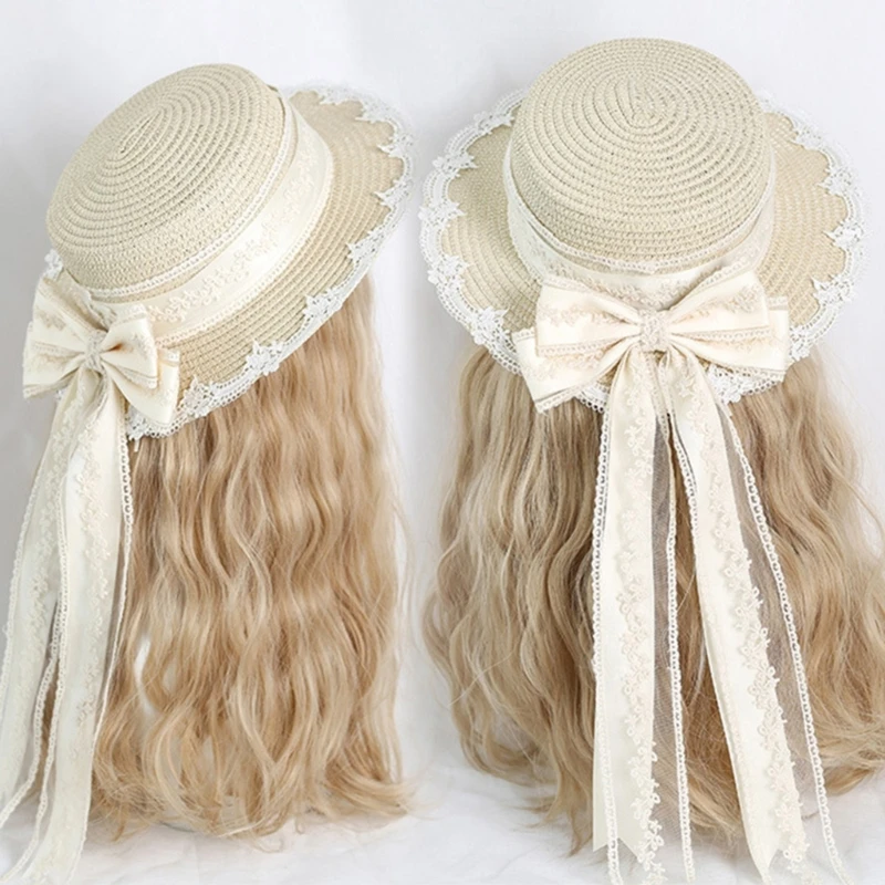 Women Casual Brimmed Hat with Long Ribbon Elegant Flat Bowknot Headdress Costume Accessories