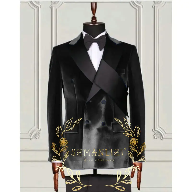 2 Pcs Suits Set Navy Blue Velvet Double Breasted Blazers Pants 2024 Fashion Men Wedding Party Slim Dress Formal Groom Tuxedos