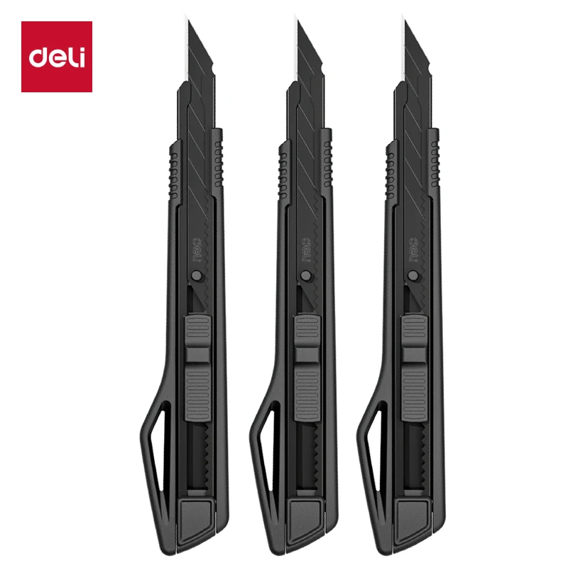 Deli Hochleistungs-Universalmesser 9mm/18mm Scharfer Schwarzer SK5 Kohlenstoffstahl Automatisch Einziehbarer Kartonschneider für Pappe und Kartons