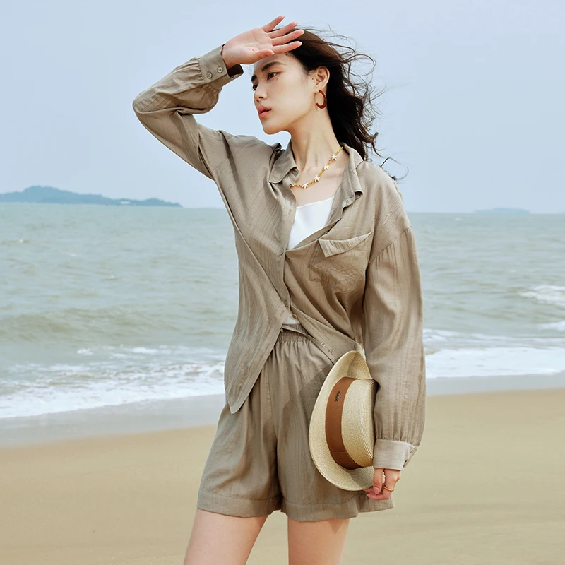 DUSHU Plus Size Women Summer Suit Thin Loose Khaki Green Shirt Suits Full Length Blouse+Shorts Sets 24DS82126+24DS82127