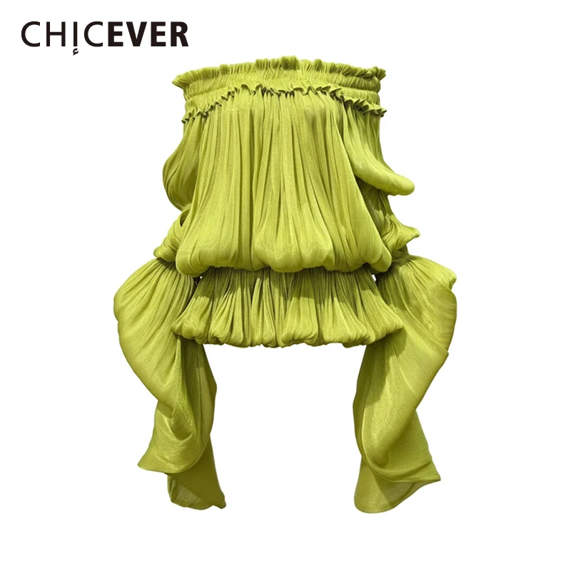 CHICEVER Fashion Loose Spliced Shirring Sweet Dresses for Women Slash Neck Piled Sleeves Design Sense Dress Female Spring New