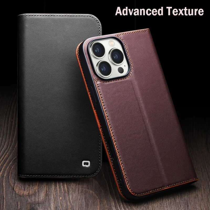 QIALINO Genuine Leather Flip Case for iPhone 16 Plus Handmade Fashion Cover with Card Slots for iPhone 16 15 14 13 Pro Max 15Pro