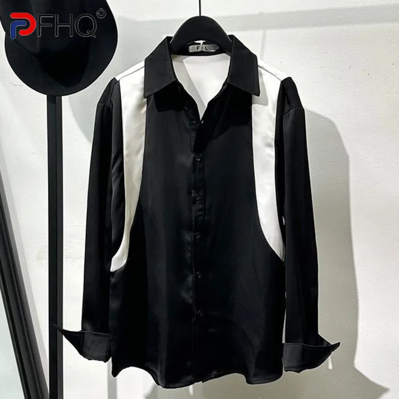 PFHQ Autumn Fashion British Fake Two-piece Long Sleeved Shirt Trendy Fashion Splicing Contrasting 2024 Male Tops 21Z7202