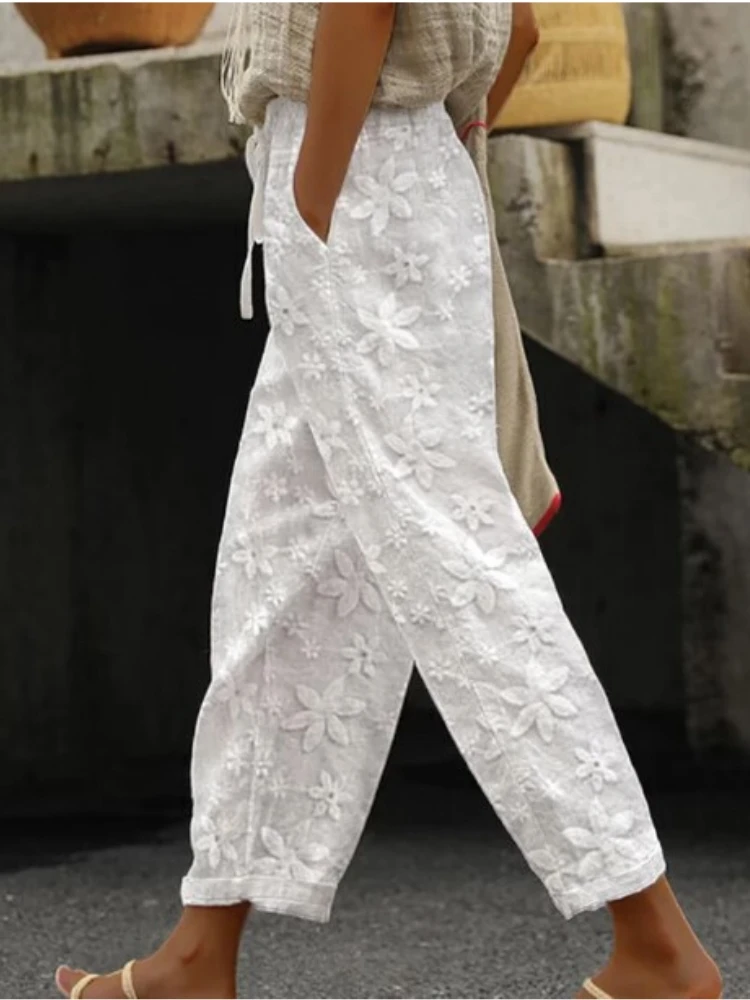 

Women Embroidery Pants Summer New Casual Trousers White Elastic Waist Female Sreet Pocket Ankle-lengh Clothing