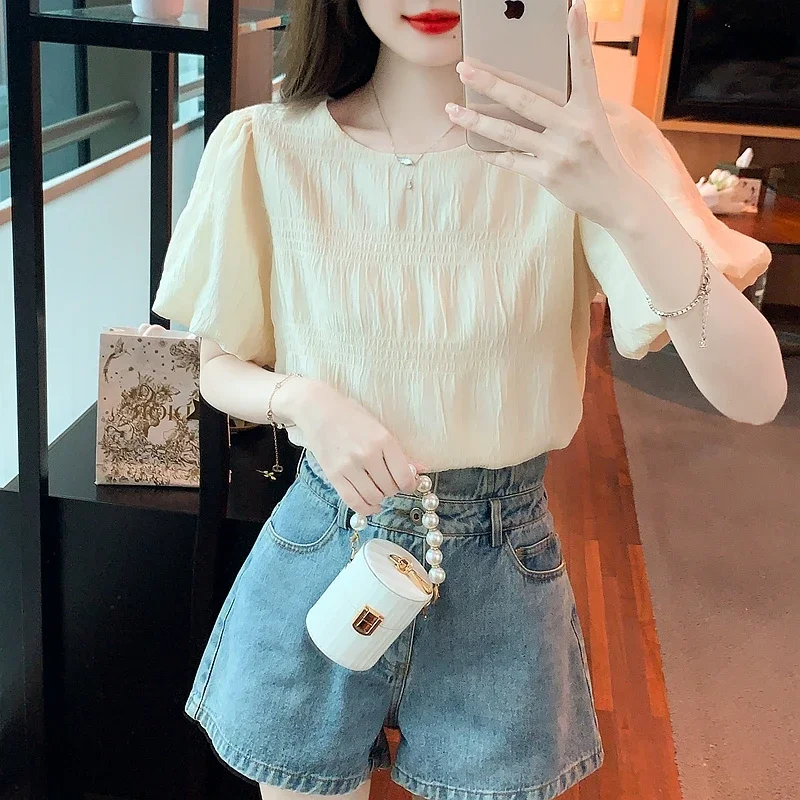 Summer New Short Sleeve O-Neck Women Blouse Casual Pink Chiffon Blouse Shirt Women Tops  Blusas Mujer De Moda 2024 Verano G694