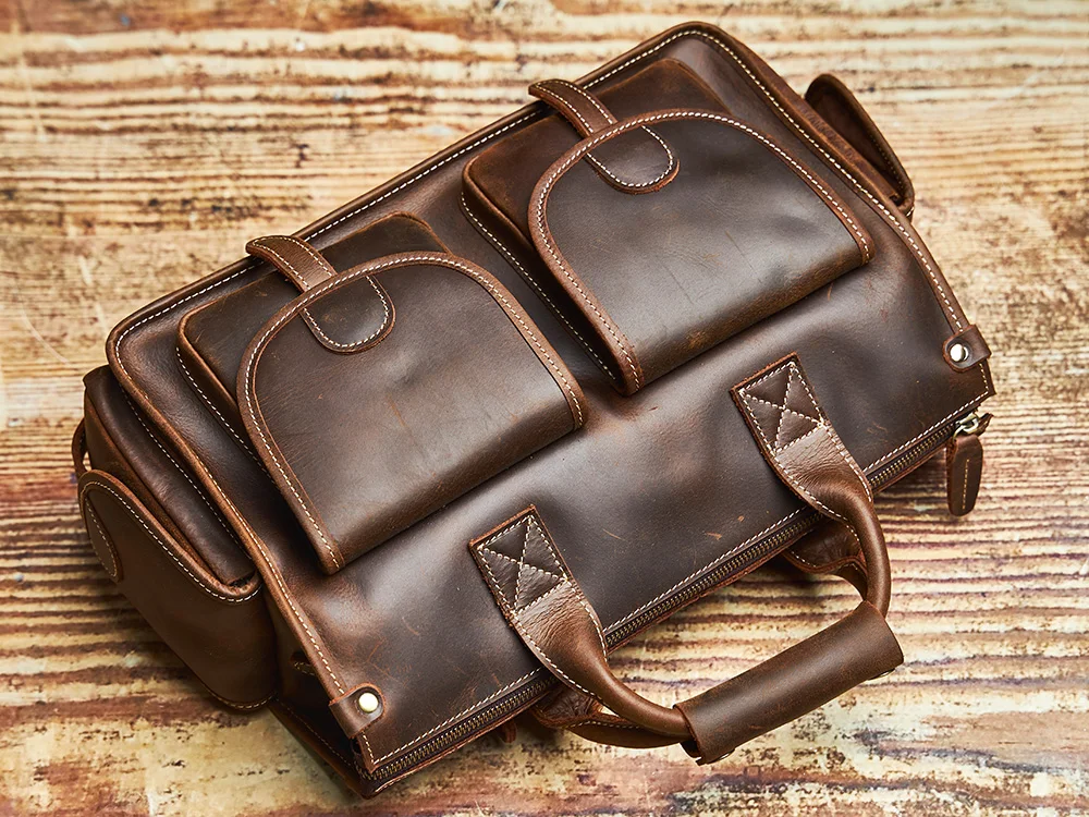 Nupugoo Vintage Echt leder Herren Aktentasche Umhängetasche verrückte Pferd Leder Handtasche mit 16-Zoll-Laptop – Detail 5
