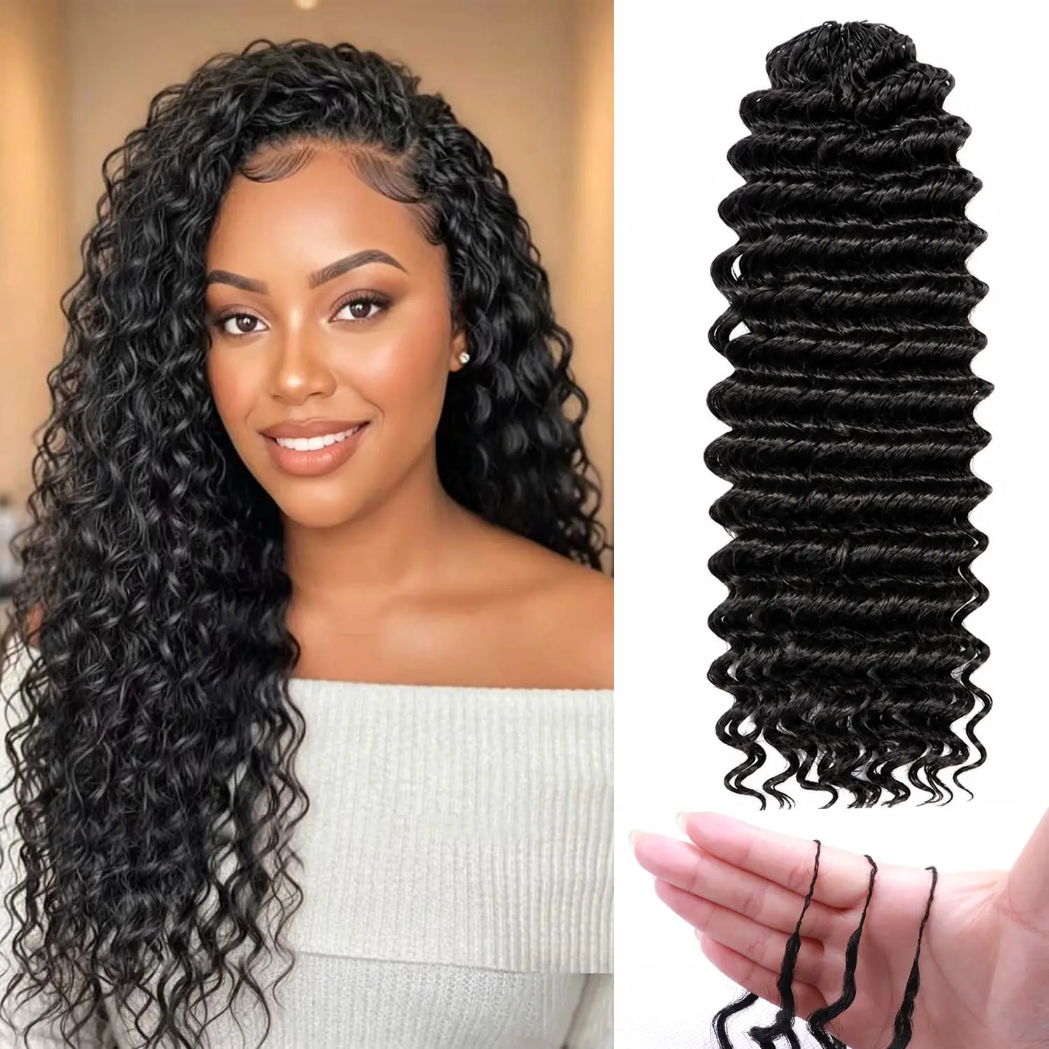 16 Inch Miracle Feather Crochet Synthetic Hair Deep Wave for Black Women, 4 Packs 100 Strands Pre Separated Invisible Curly Crochet Hair Extensions