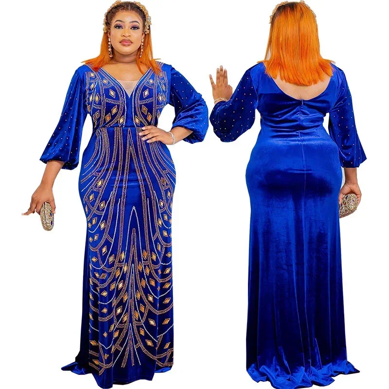Plus Size African Party Long Dresses for Women 2023 New Dashiki Ankara Velvet Evening Gowns Turkey Outfits Robe Africa Clothing