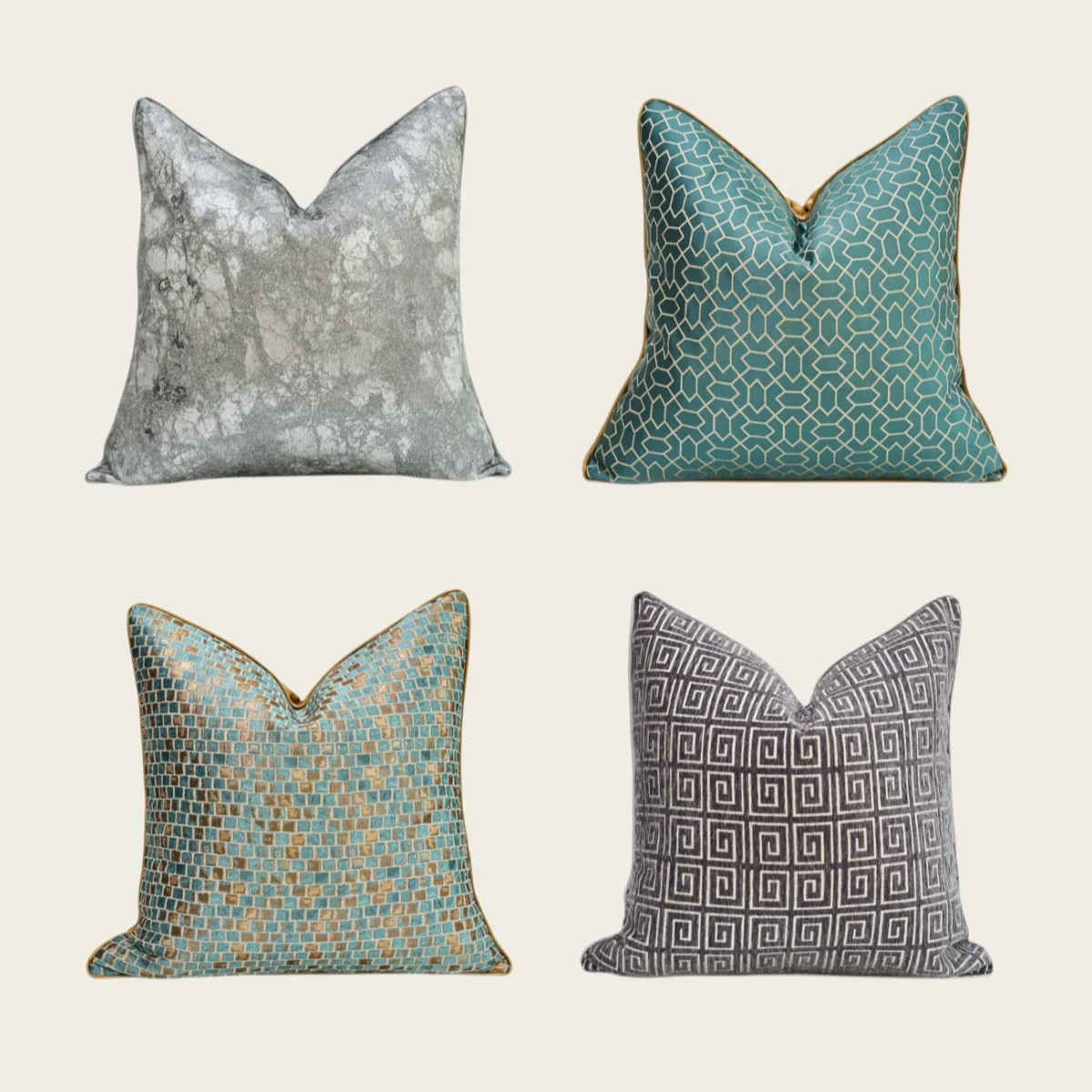 Retro Grey Abstract Jacquard Pillow Case Luxury green Lattice Cushion Cover Geometric Greek Key Pillow Cover