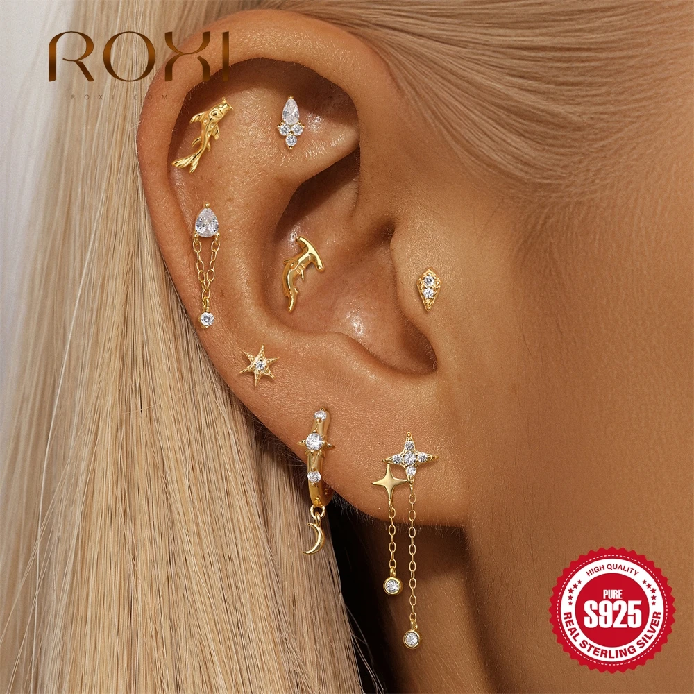 

ROXI 1 Pc 925 Sterling Silver Starfish/Goldfish/Hammerhead Shark Piercing Flat Bottom Earring for Woman INS Dainty Jewelry Gift