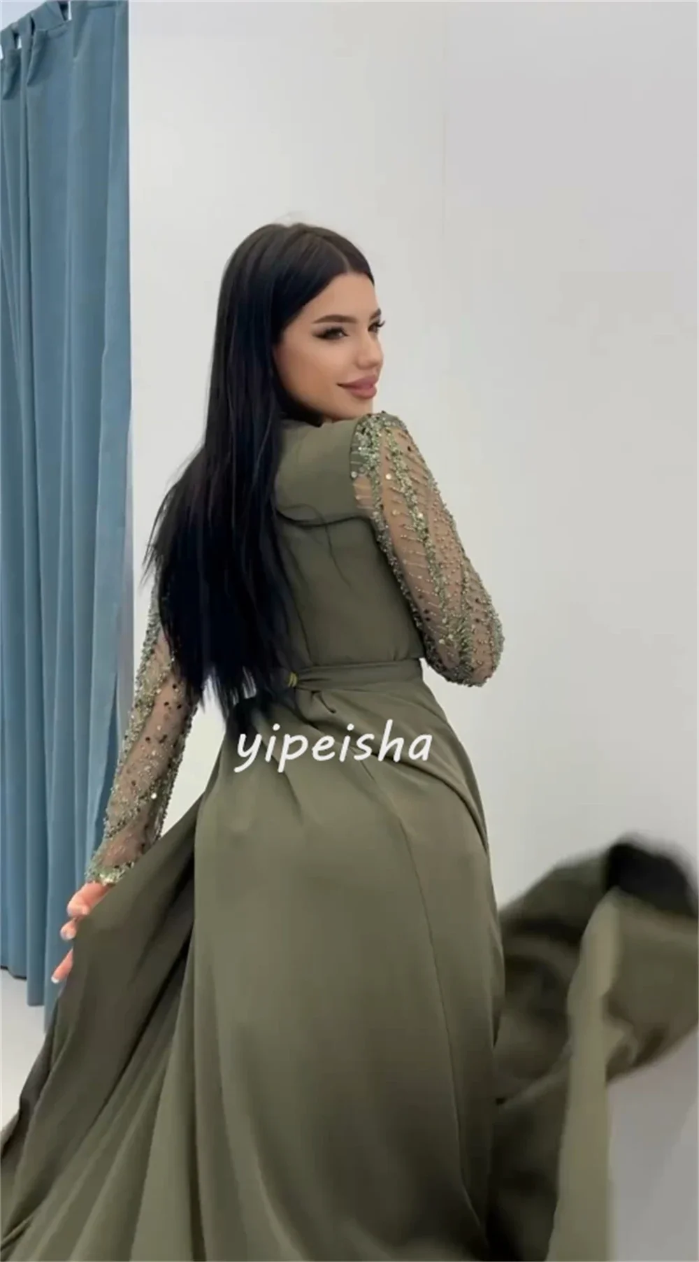 Yipeisha Luxury Beaded Sequins Strip Vestidos Prom Dresses Sheer Long Sleeves Birthday Party Women Wear Evening Formal Gowns