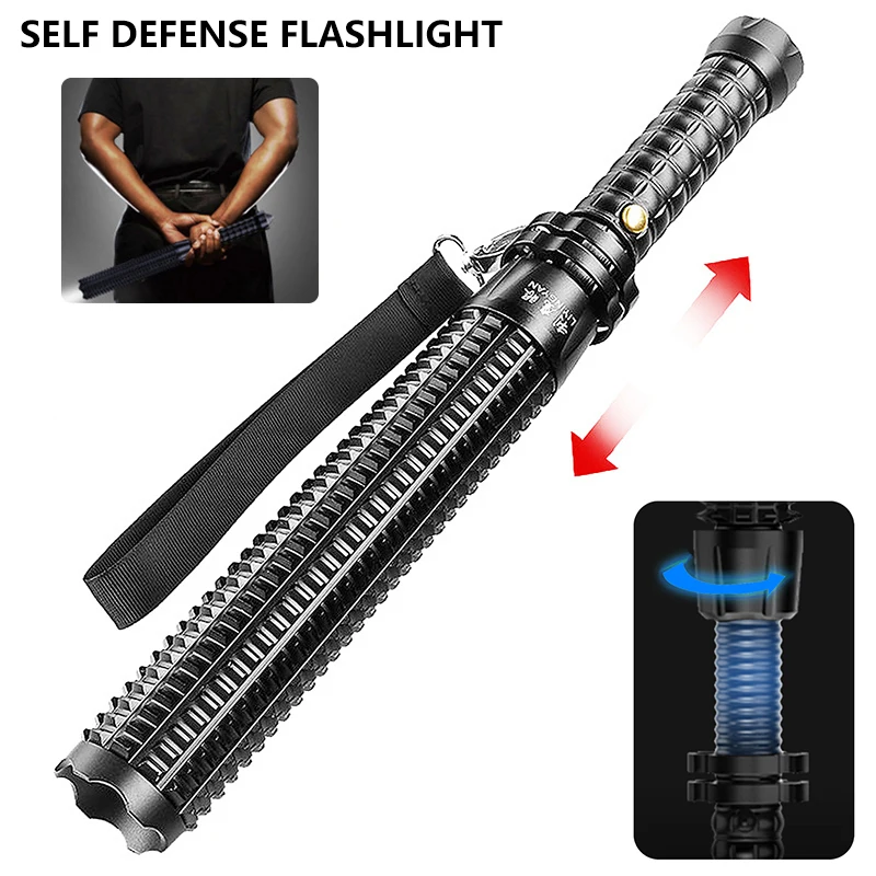 

Self Defense LED Flashlight Waterproof Super Bright For Emergency Anti Riot Equipment Rechargeable Telescopic Baton Flashlight