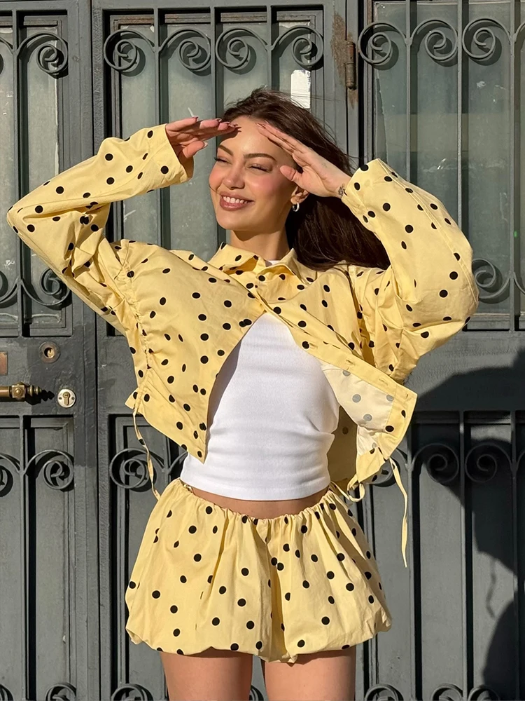 HH 2026 Women 2 Piece Set Long Sleeves Single Breasted Shirring Polka Dot Short Coat+Casual Elastic Waist Balloon Fit Shorts