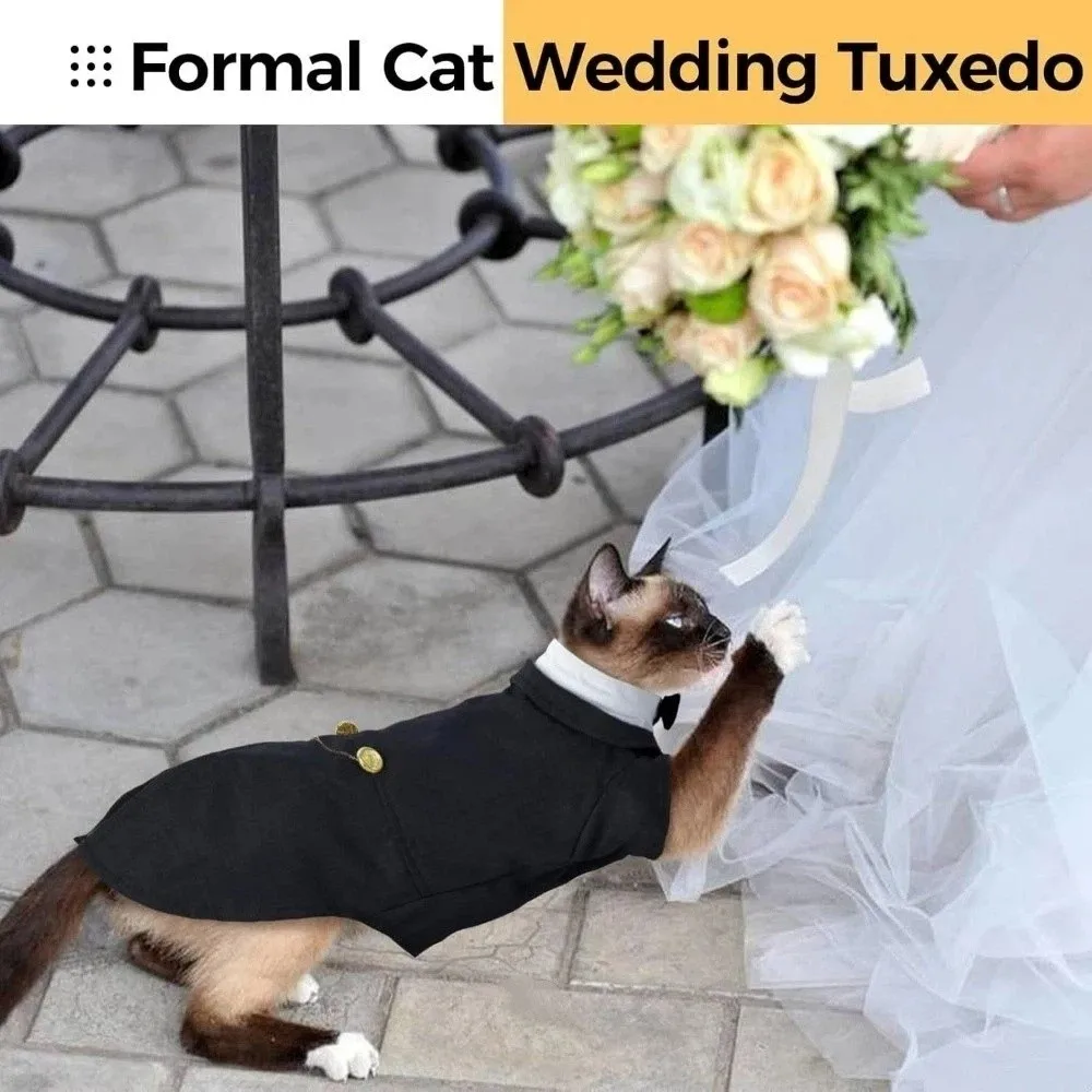Chaleco para Gato, Ropa para Gato, Traje de Cumpleaños para Gato, Ropa Formal, Traje de Boda con Corbata, Chaleco para Gato de Boda y Cumpleaños, Negro/Gris