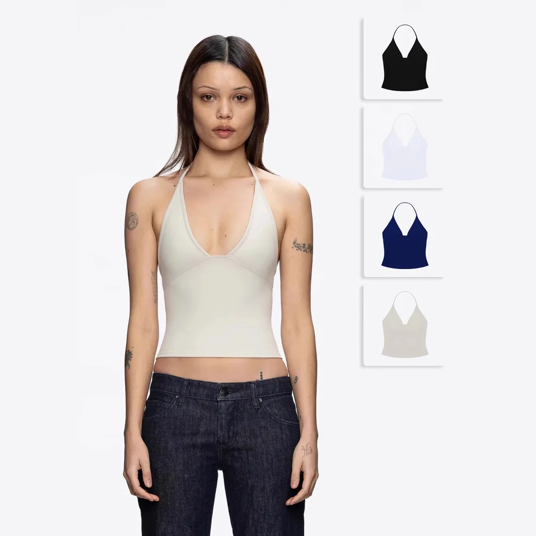 Fashion Ladies Halter Cami Top Deep V Neck Sleeveless Solid Color Bodycon Crop Tank Top Y2K Aesthetic Casual Streetwear Vest