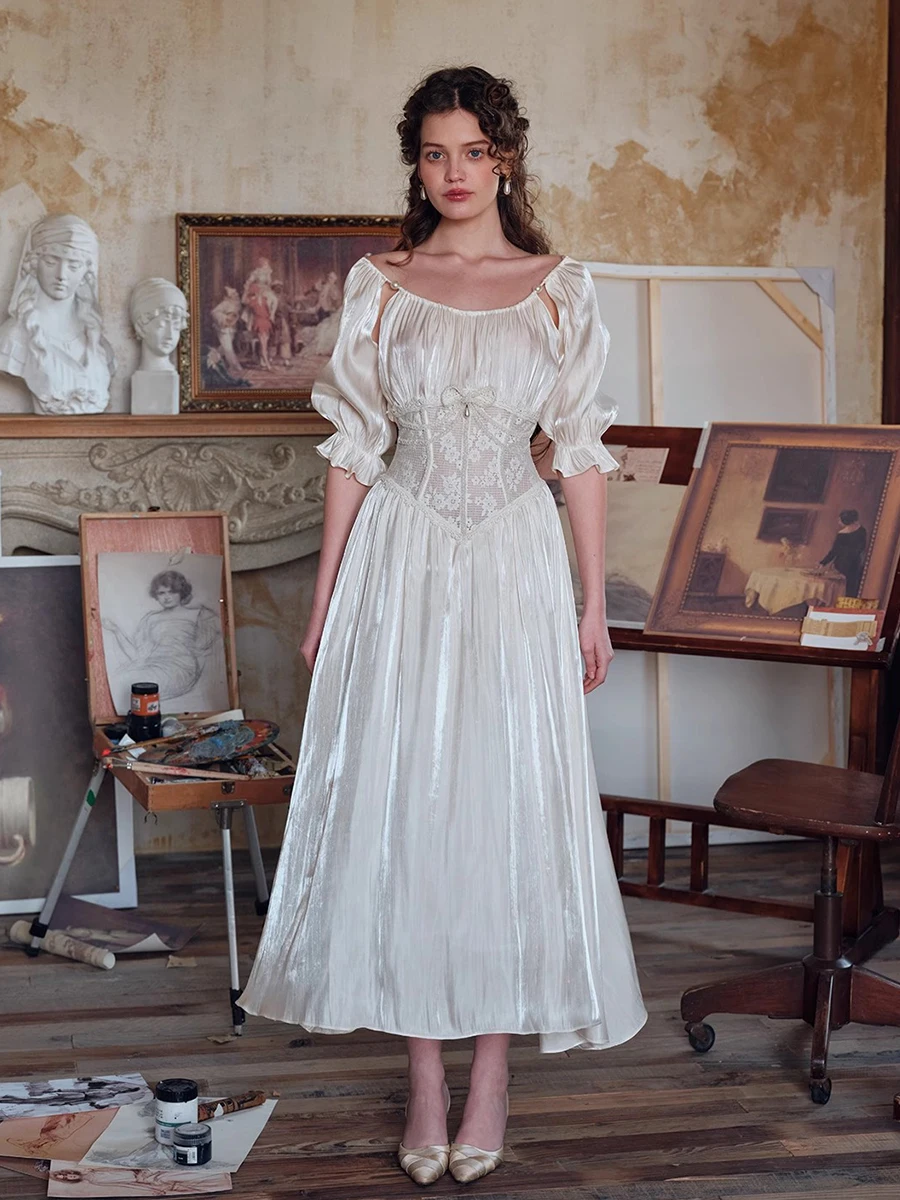 REDDACHiC 르네상스 여성 할로우 레이스 허리 트레이너 드레스 새틴 광택 퍼프 슬리브 미디 롱 드레스 파티 요정 여름 옷