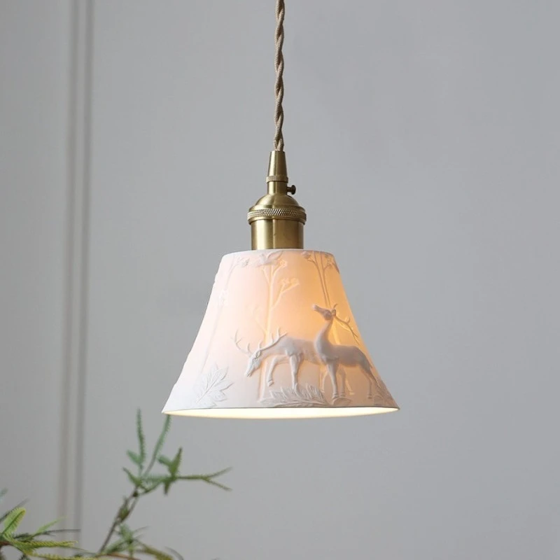 

Japanese Retro Ceramic Pendant Lights Forest Deer Pattern Restaurant Cafe Homestay Bedroom Headboard Brass Interior Hanging Lamp