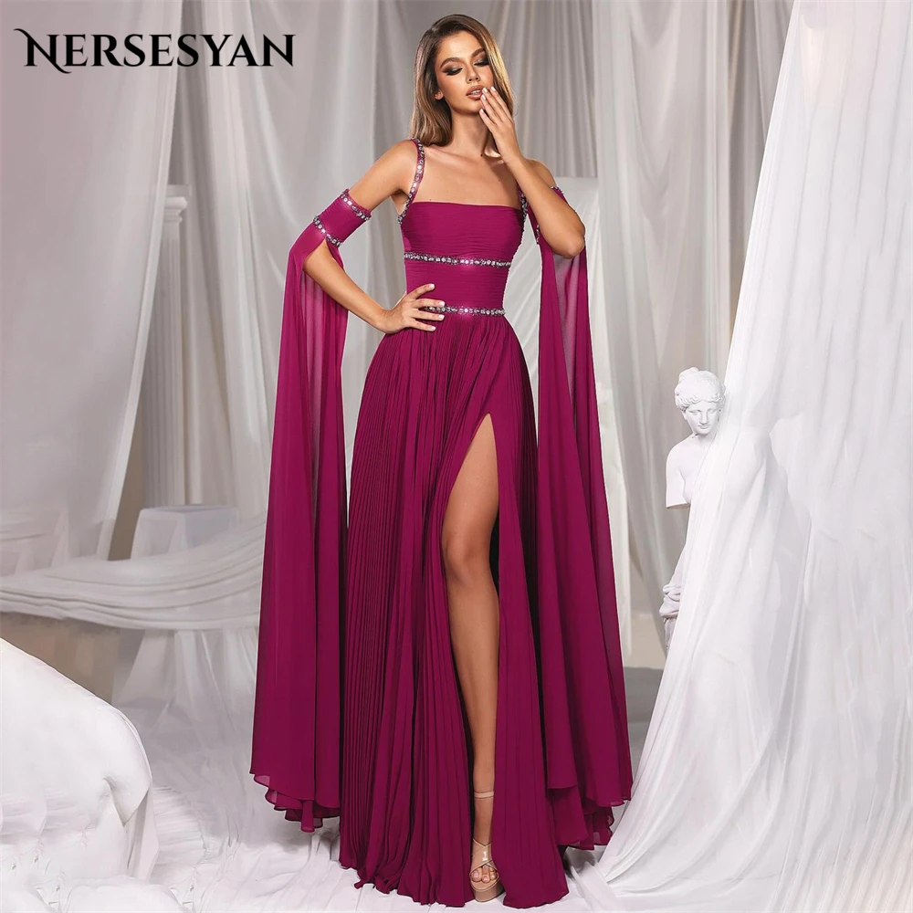 

Nersesyan Mediumvioletred Glitter Formal Evening Dresses A-Line High Side Slit Prom Dress Beading Angel Sleeves Party Gowns