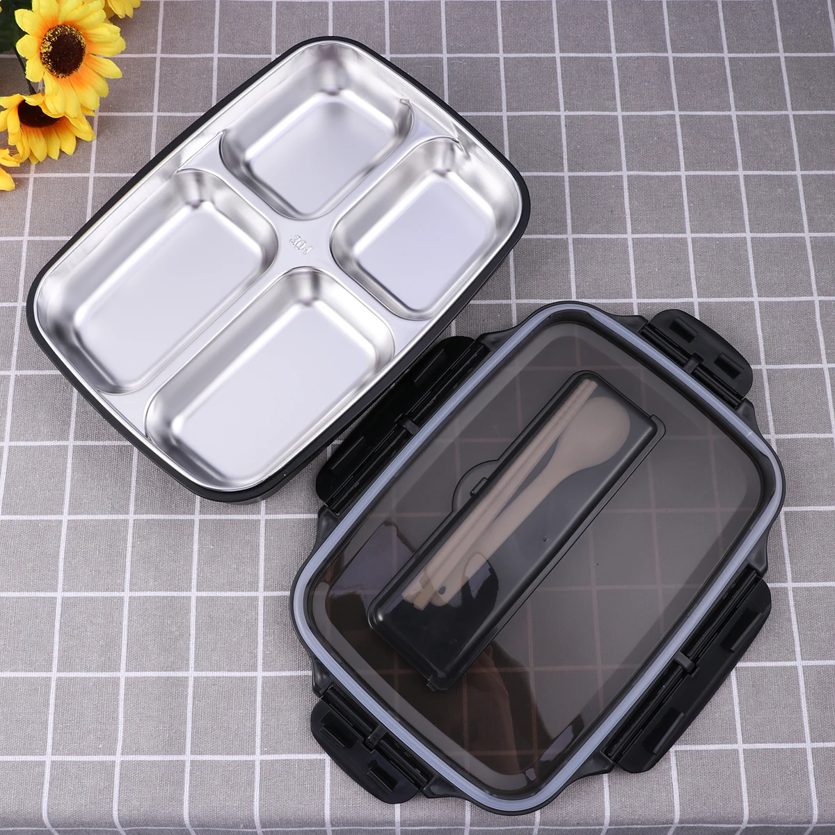 

304 Stainless Steel Insulated Lunch Box 4 Grids Leak Proof Single Layer Thermal Bento Food Container Large Capacity for Work