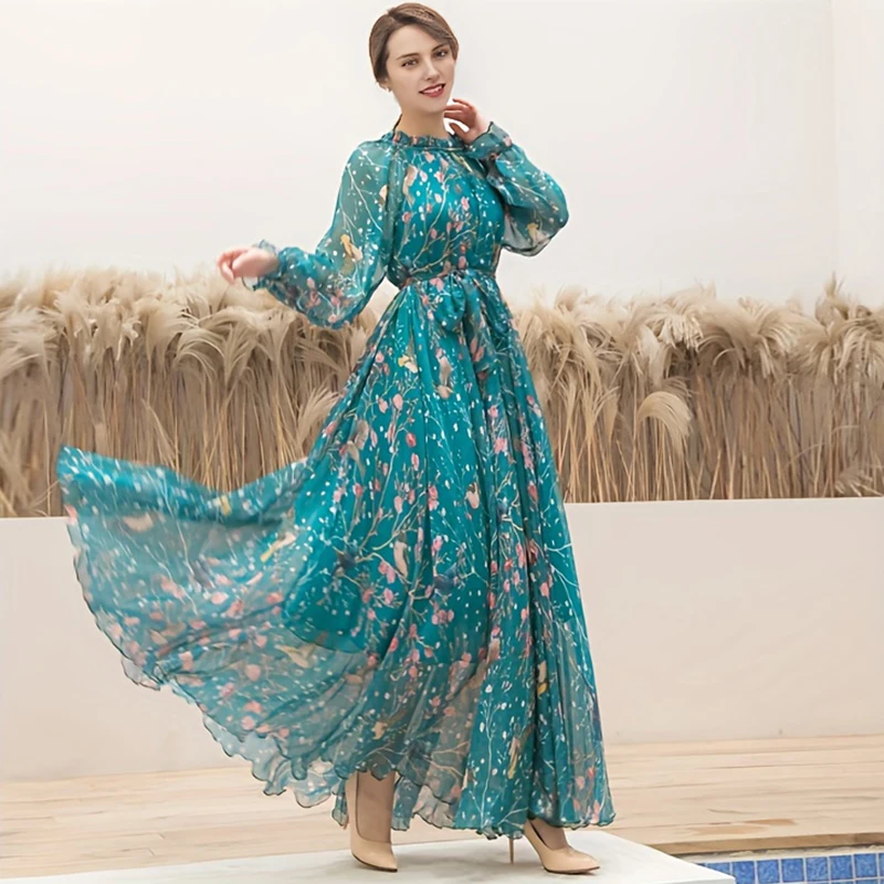 2024 Boho Floral Print Party Dress Women Vestidos Elegant Fashion Loose Chiffon Long Sleeve Muslim Abaya Islamic Clothing Robes