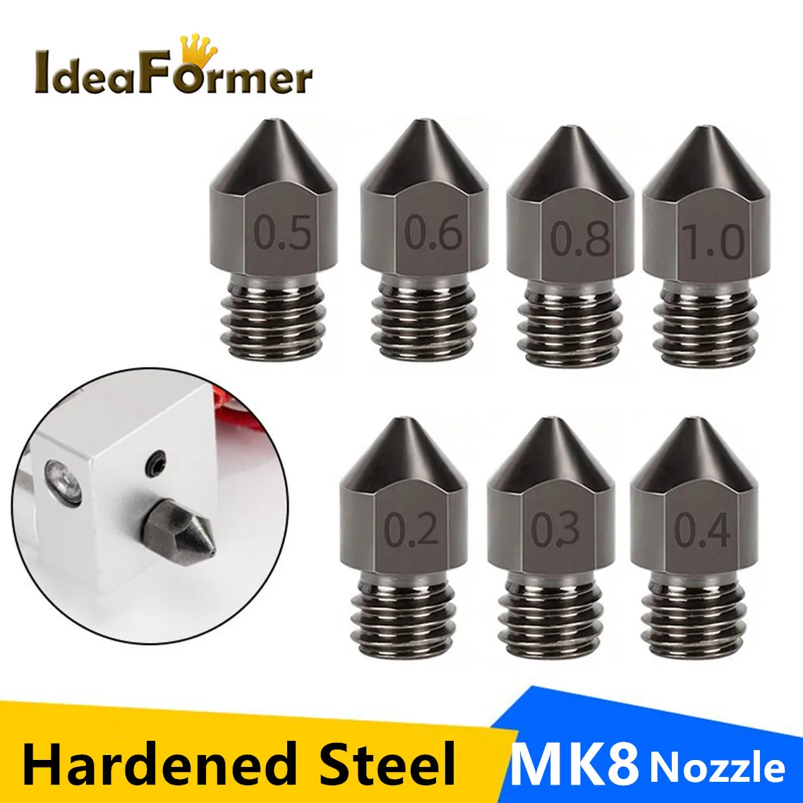 1/3Pcs MK8 Nozzle Hardened Steel M6 Corrosion-Resistant Extruder 0.4/0.6/0.8mm 3D Printer Nozzle For CR10 Ender 3 Sapphire Pro