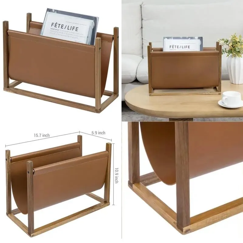 Hot Selling Acacia Wood Solid Magazine Rack Caramel Artificial Leather Sling Floor Standing Imitation Leather Book Storage