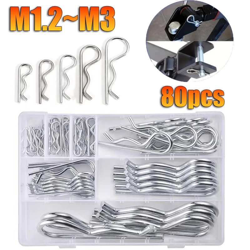 80Pcs R-Type Cotter Pins Set Kit Wave Latch Bolt Locking Split Clip Hitch Pin Safety Pin M1.2 M1.5 M1.8 M2 M2.5 M3 Sorted in Box