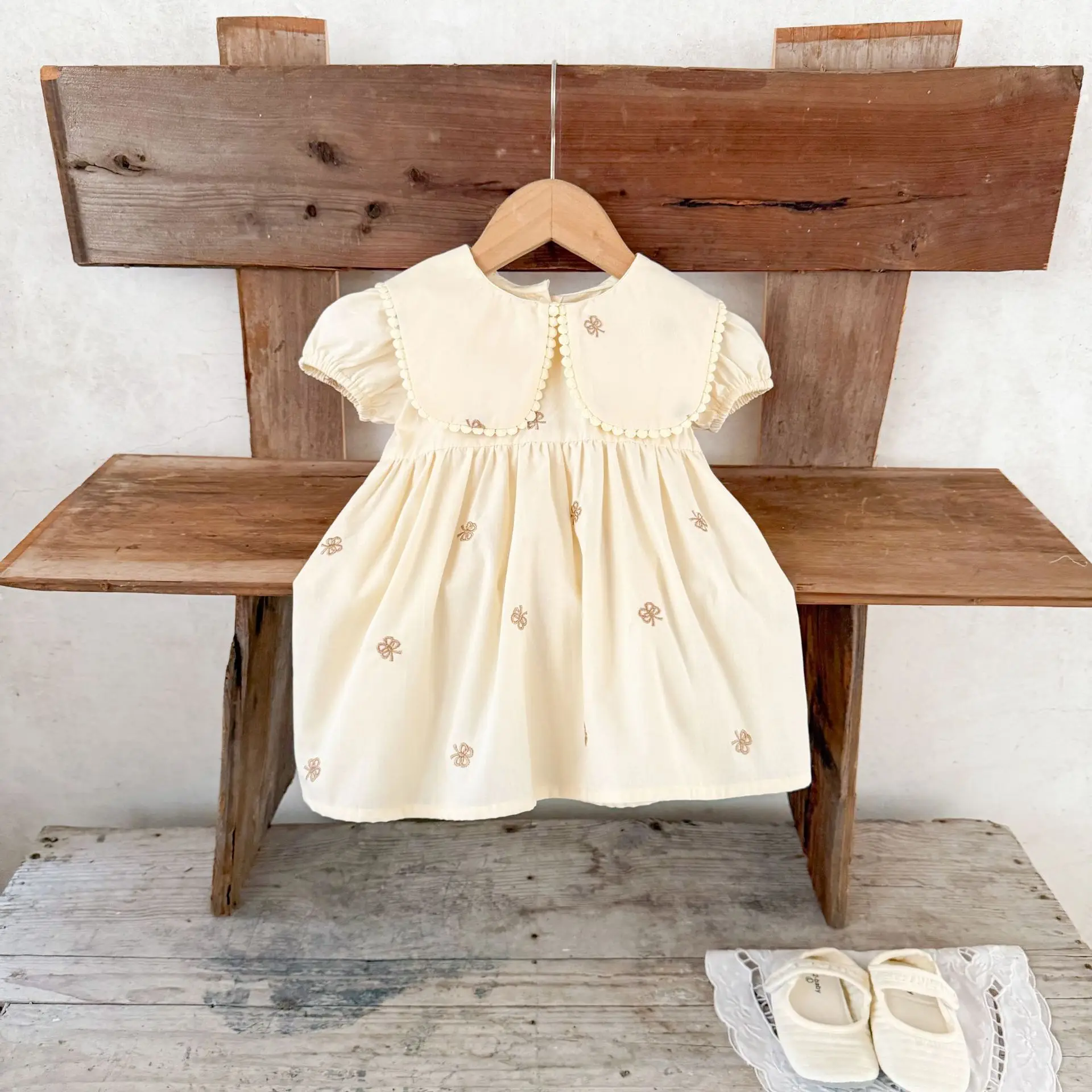 Ins Korean Version Girls' Pure Cotton Cartoon Embroidered Lapel Short Sleeved Dress Versatile Cute Dress for Children in Summer