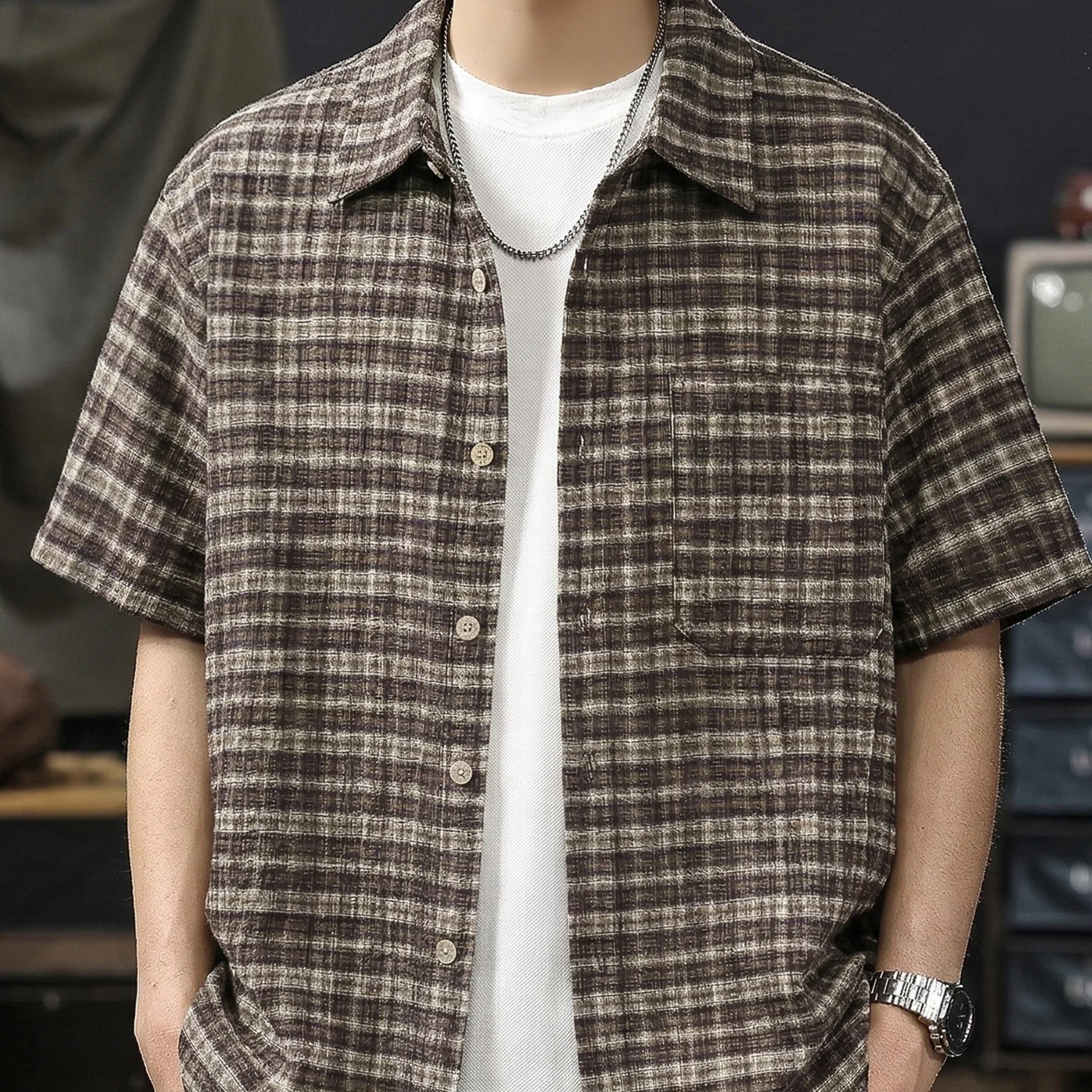 

Retro Plaid Short Sleeve Men's Shirt Lightweight Cool Breathable Summer New Arrival Loose Fit Polyester Casual Button up