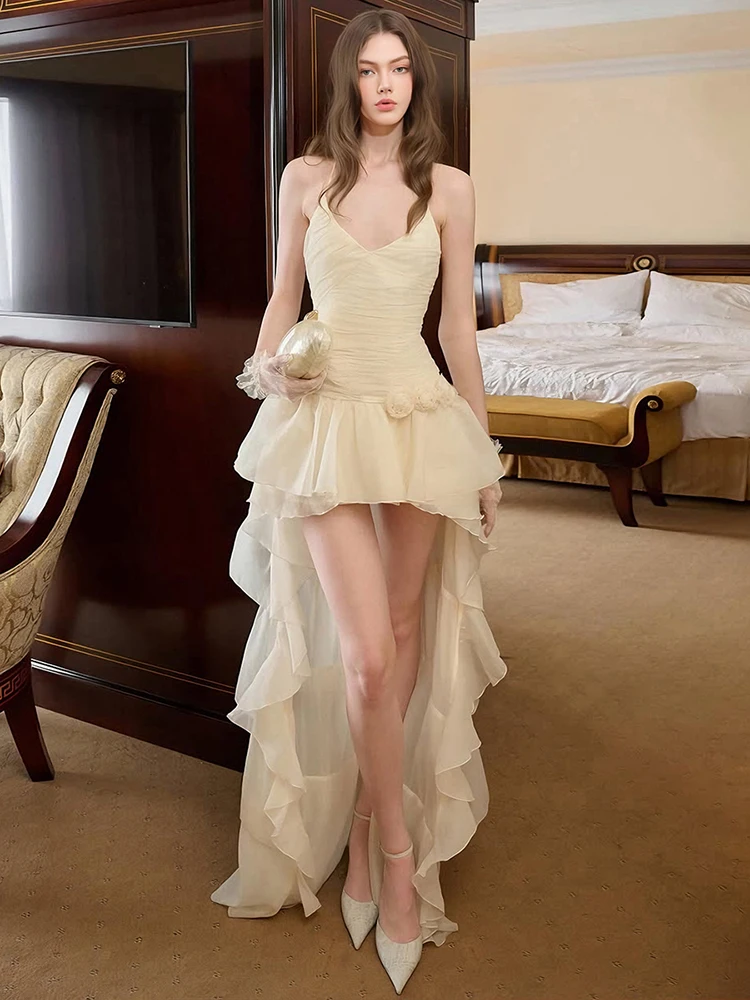 Sisterlinda vestido em camadas feminino doce sexy rosa apliques sem mangas baixo pescoço ruched bainha irregular moda férias festa vestidos