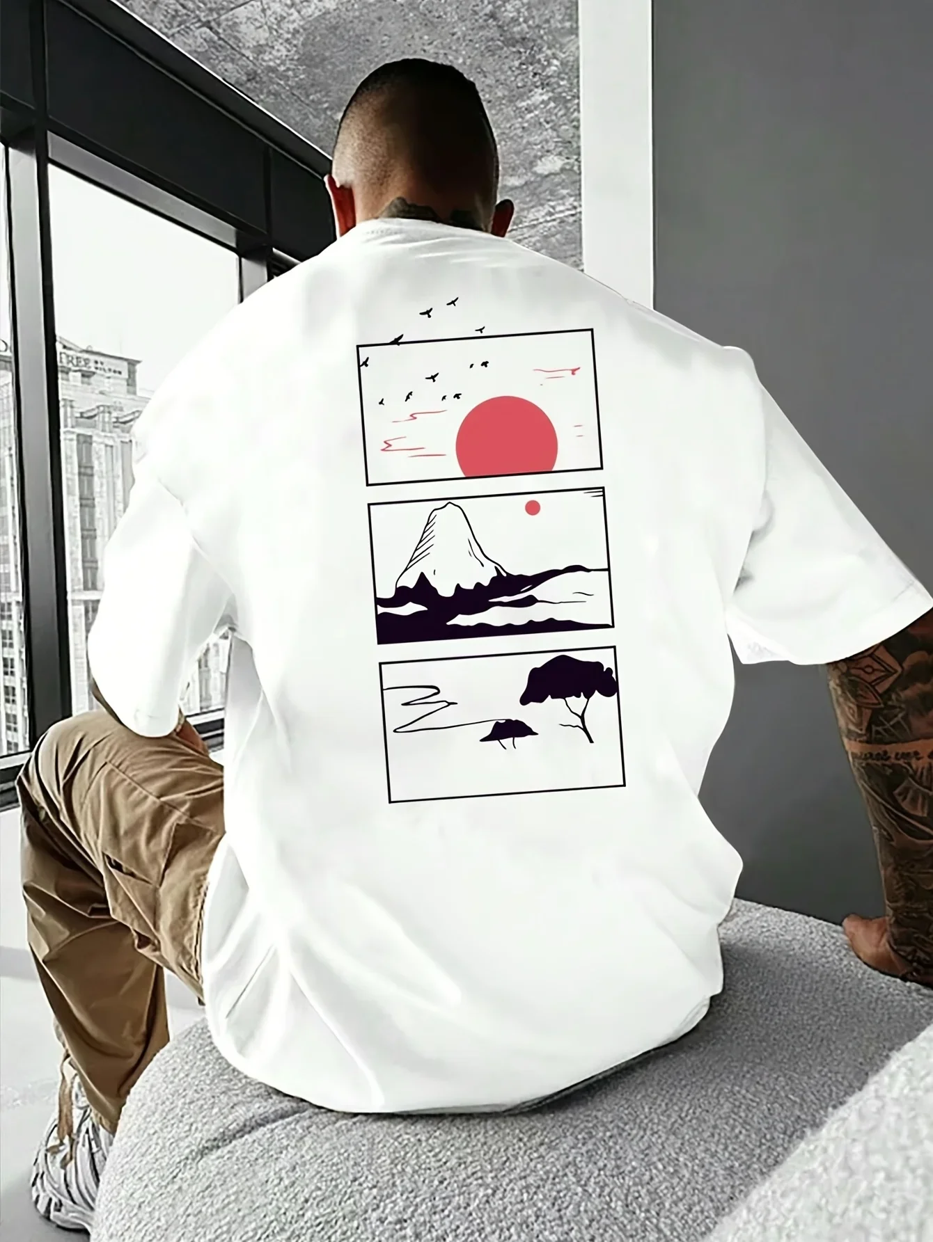 Camiseta para hombre y mujer con estampado de paisaje del monte Fuji japonés al amanecer, de algodón, manga corta, ideal para el verano y para llevar en la calle.