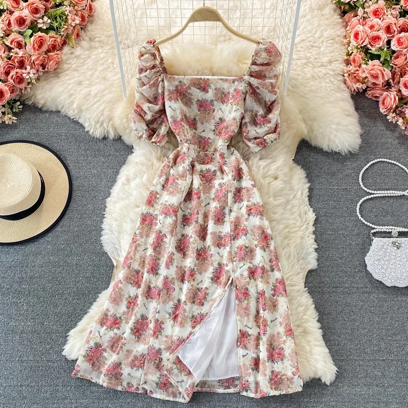 Women's Dress French Style Spring Summer Floral Printing A-Line Square Collar Puff Sleeve Mid-Length Split Office Lady Dresses