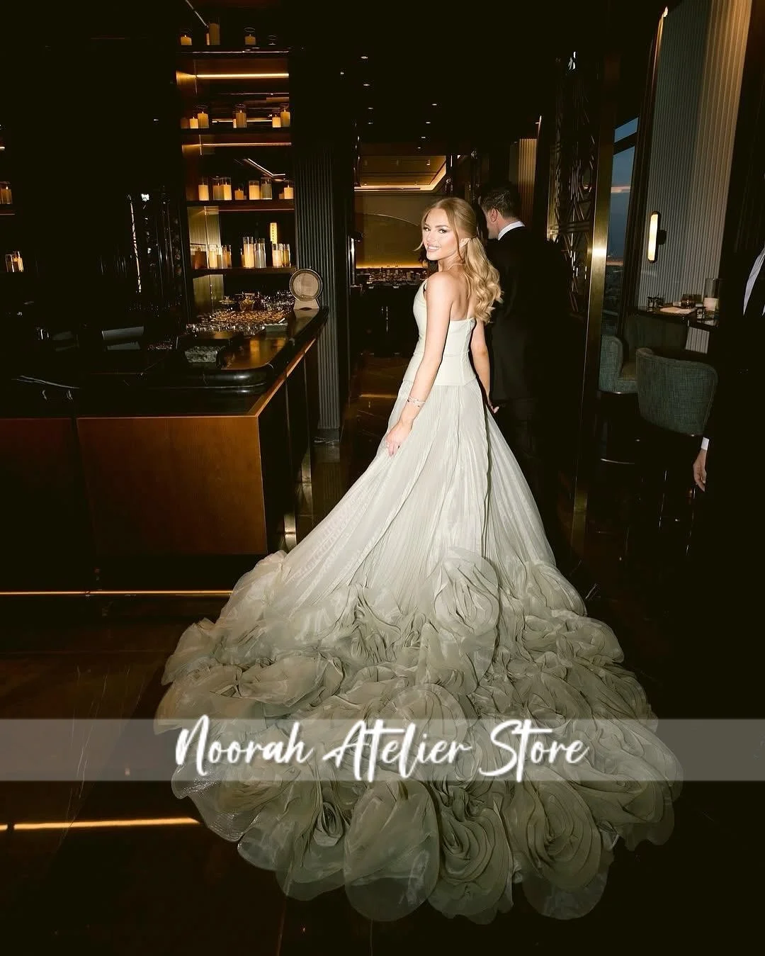 Sage สีเขียว Strapless ดูไบพิเศษ Tulle รถไฟชุดราตรี 2025 ชุดแต่งงานพรหมชุด FBساتة อย่างเป็นทางการชุดที่กําหนดเอง