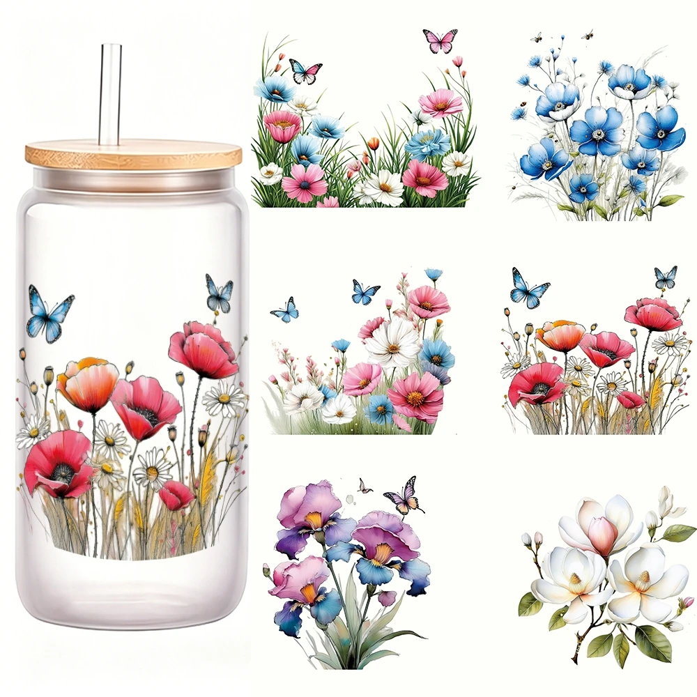 6pcs Colorful Flower Butterfly UV DTF Transfer Sticker Self-Adhesive Rose Violet Crystal Transfer Decals For Mug Laptops Decals