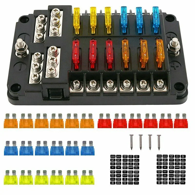 12 Way Fuse Box 12V/24V Car Truck Boat Marine Bus RV Van Blade Fuse Box Holder Block